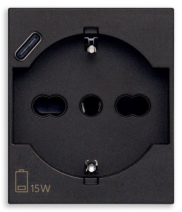 VIMAR - Presa Universale con USB C Nero Sicury Standard Italiano 16A 250V 15W 3A 5V 1 Uscita Tipo C Dispositivi Elettronici 2 Moduli