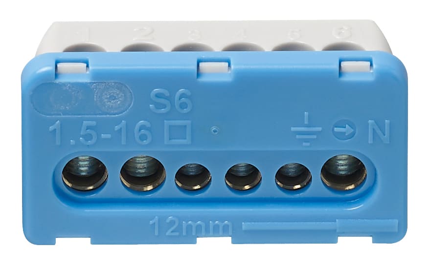 VIMAR - Morsettiera a vite removibile 6 fori per centralino estetico, connessione cavi 1,5mm2-16mm2, installazione ad innesto rapido, blu.