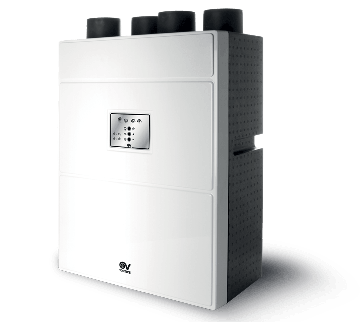 VORTICE - Vort HR 300 Neti, versione per Italia ed export, involucro in polipropilene espanso, pannello frontale in resina lucida, bocche 125 mm, 2 motori EC.