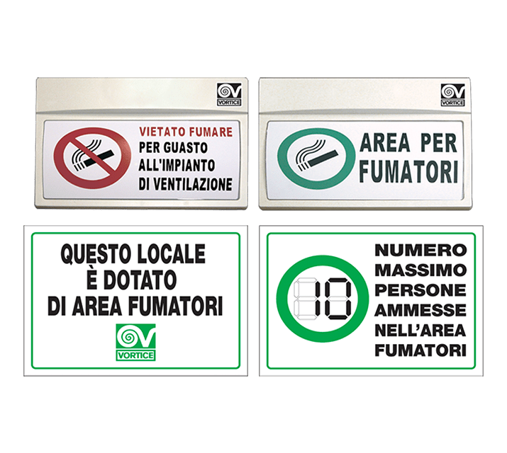 VORTICE - Kit cartelli: cartello luminoso cvf e caf, cartello adesivo, vetrofania, dispositivo scl smoke per controllo automatico segnaletica fumo.