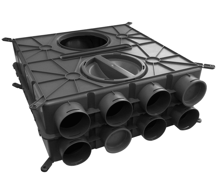 VORTICE - WDG-P PLUS 8X63: plenum di distribuzione in PE compatto e leggero, 8 attacchi standard, ideale per volumi medi o grandi.