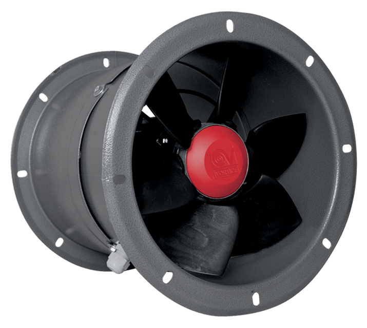 VORTICE - MPC-E 304 T: Aspiratori elicoidali media pressione, diametro 300 mm, 2 flange acciaio, motore AC trifase, portata 2250 m3/h, girante bilanciata.