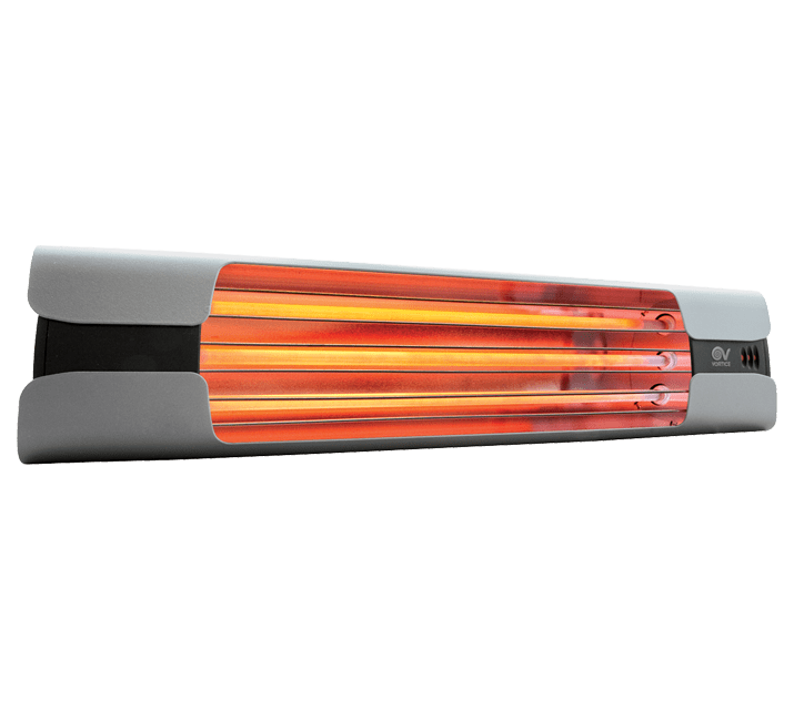 VORTICE - Thermologika design: lampade a raggi infrarossi con fianchi in alluminio nero, gusci grigio chiaro, griglia inox, staffa verniciata.