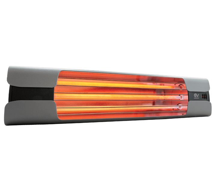 VORTICE - Thermologika design grigio, lampade a raggi infrarossi con fianchi in alluminio nero, gusci grigi, griglia in acciaio inox, staffa inclinabile.