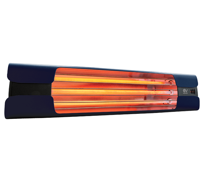 VORTICE - Thermologika design blu: lampade infrarossi con fianchi alluminio nero, gusci blu, griglia acciaio inox, staffa verniciata, 3 lampade 600W.