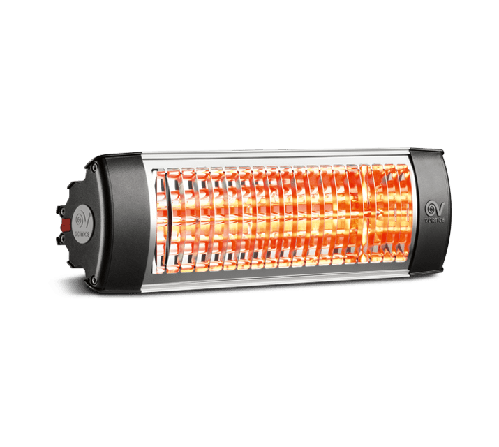 VORTICE - Thermologika Soleil System: lampada infrarossi interno/esterno, design D. Piva, alluminio anodizzato, 1500W, accensione rapida, durata 5000h.