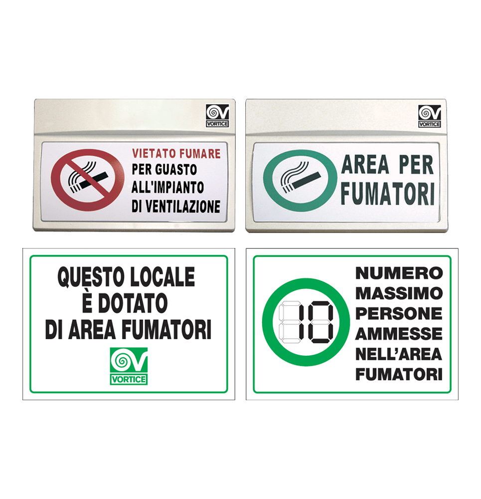 VORTICE - Kit cartelli: cartello luminoso cvf e caf, cartello adesivo, vetrofania, dispositivo scl smoke per controllo automatico segnaletica fumo.