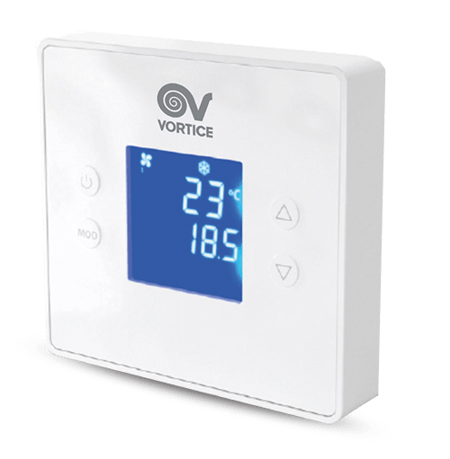 VORTICE - Sensore CO2 con soglia regolabile 0-5000 ppm, attiva ventilatori vortice vario, sensore umidità, display grafico, integrazione BMS.