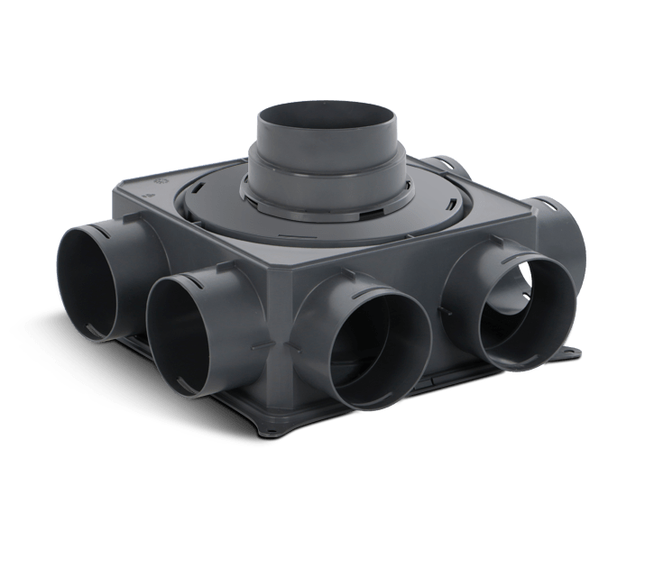 VORTICE - WDG-P PLUS-C 8X63: plenum di distribuzione in PE compatto e leggero, 8 attacchi standard, ideale per spazi ridotti.