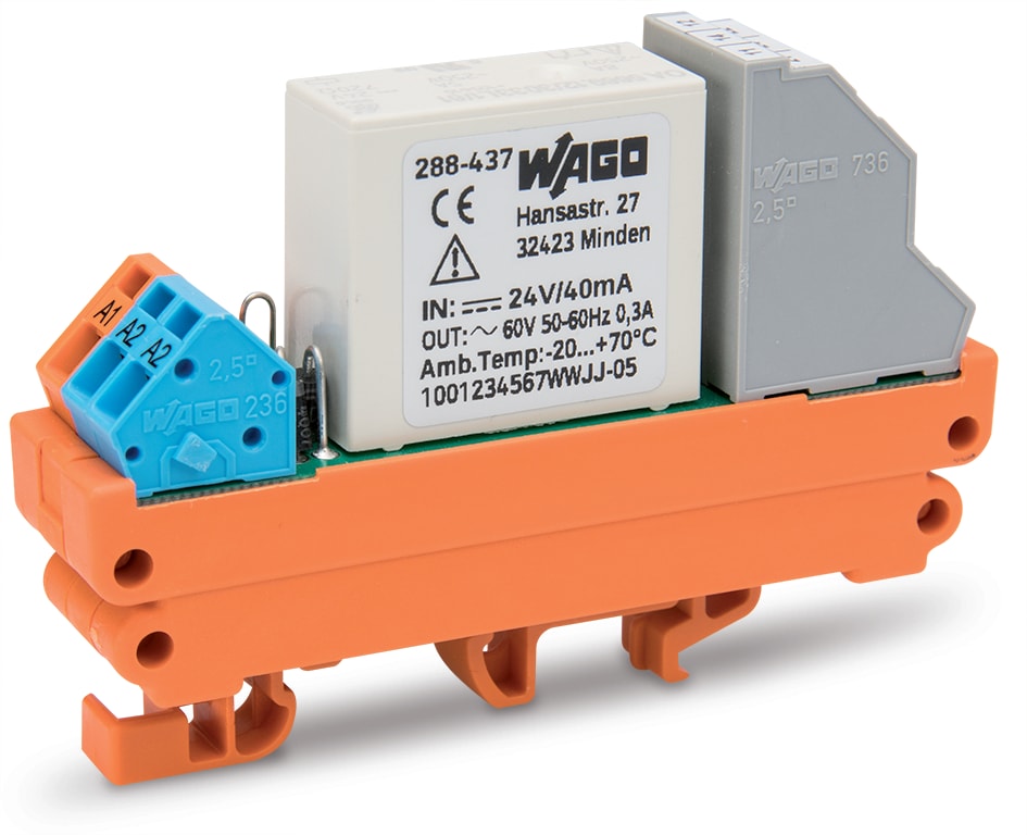 WAGO ELETTRONICA - Modulo relè con contatti guidati.Tensione nominale di ingresso: 24 V DC.2 contatti in scambio