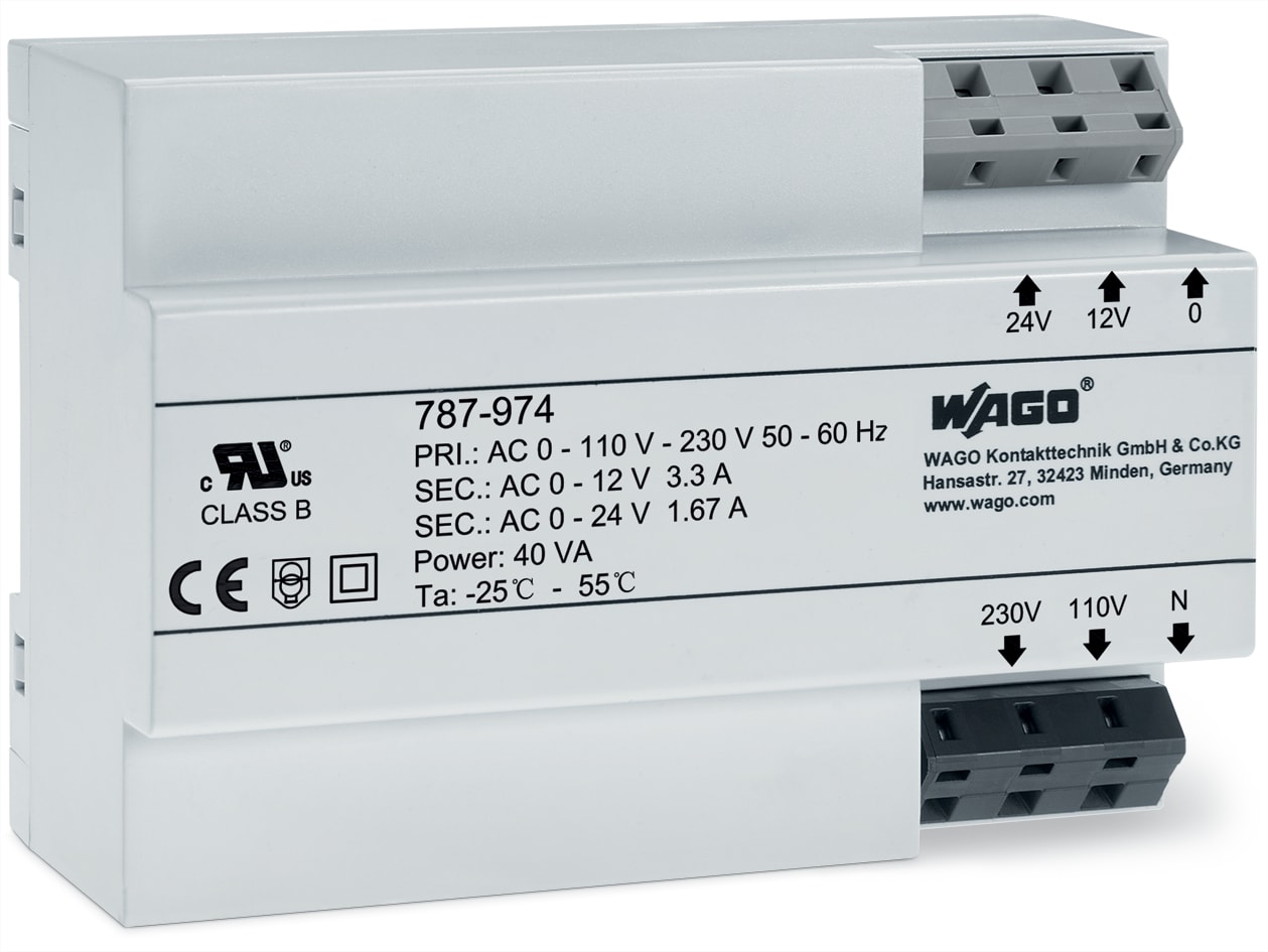 WAGO ELETTRONICA - Alimentazione trasformatore.Tensione di ingresso: 230 V AC.Tensione d'uscita: da 12 a 24 V AC