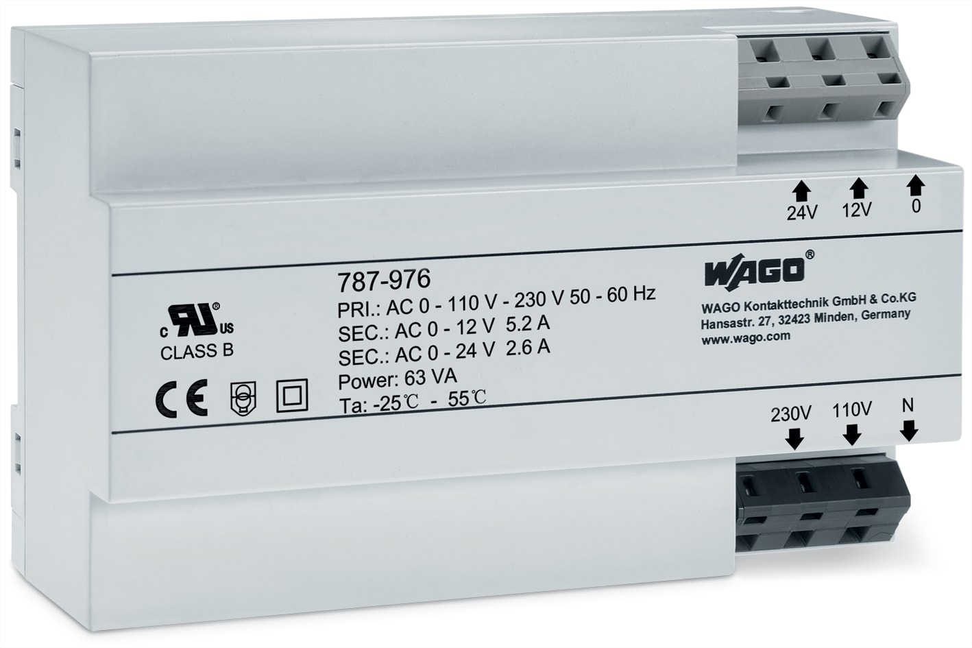 WAGO ELETTRONICA - Alimentazione trasformatore.Tensione di ingresso: 230 V AC.Tensione d'uscita: da 12 a 24 V AC