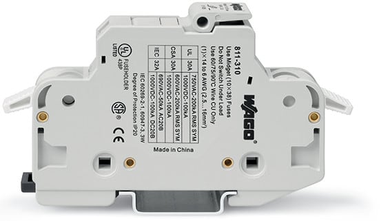 WAGO ELETTRONICA - Portafusibile 2 conduttori .per fusibili cilindrici 10 x 38 mm. 13/32 x 11/2.1 polo.grigio chiaro 811-310