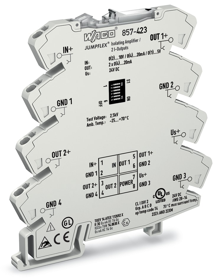 WAGO ELETTRONICA - Amplificatore di isolamento.Segnale d'ingresso di tensione e corrente.2 x segnale uscita corrente