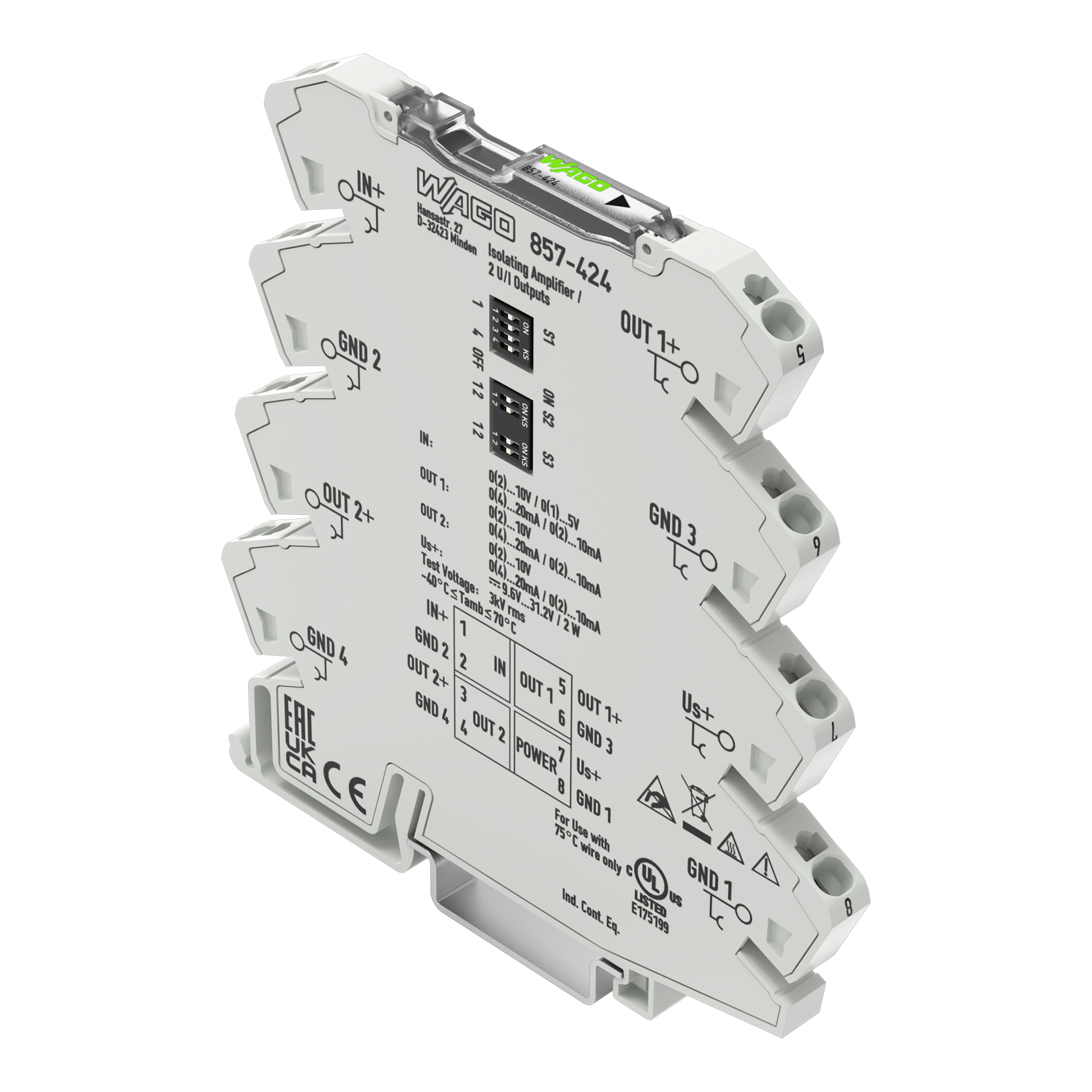 WAGO ELETTRONICA - Amplificatore di isolamento.Segnale d'ingresso di tensione e corrente.Tensione di alimentazione: 24 V DC