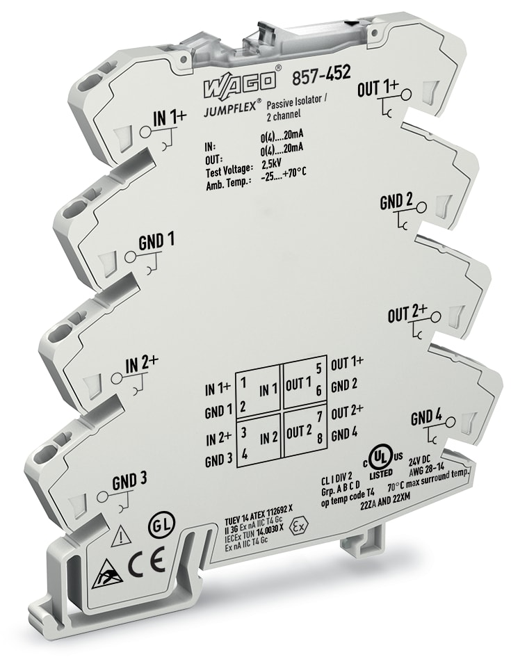 WAGO ELETTRONICA - Isolatore passivo, 2 canale.Segnale ingresso corrente.2 x segnale uscita corrente 857-452