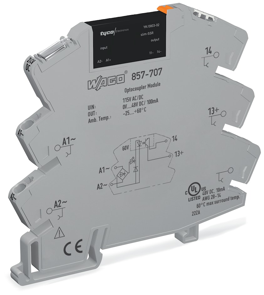 WAGO ELETTRONICA - Modulo con relè allo stato solido.Tensione nominale d'ingresso: 115 V AC/DC.Intervallo tensione d'uscita: da 0 a 48 V DC.grigio