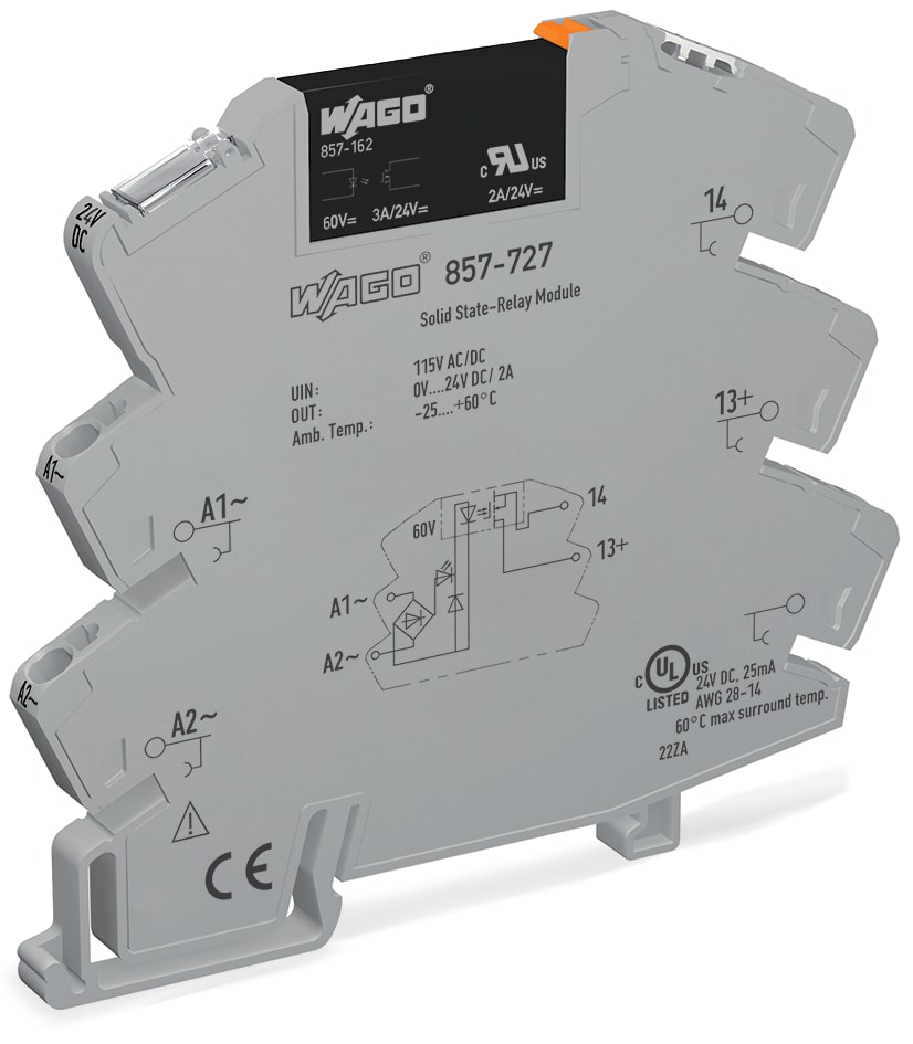 WAGO ELETTRONICA - Modulo con relè allo stato solido.Tensione nominale d'ingresso: 115 V AC/DC.Intervallo tensione d'uscita: da 0 a 30 V DC.grigio