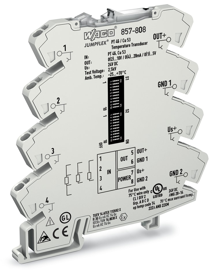 WAGO ELETTRONICA - Trasduttore del segnale di temperatura per sensori RTD.Segnale uscita di tensione e di corrente.Tensione di alimentazione: 24 V DC 857-808