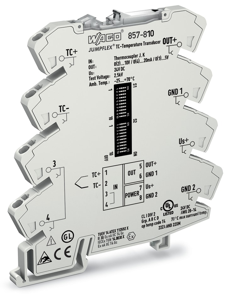 WAGO ELETTRONICA - Trasduttore del segnale di temperatura per termocoppie.Segnale uscita di tensione e di corrente.Configurabile mediante DIP switch.grigio chiaro 857-810
