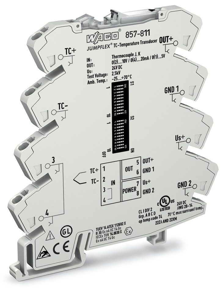 WAGO ELETTRONICA - Trasduttore del segnale di temperatura per termocoppie.Segnale uscita di tensione e di corrente.Configurazione mediante software.grigio chiaro