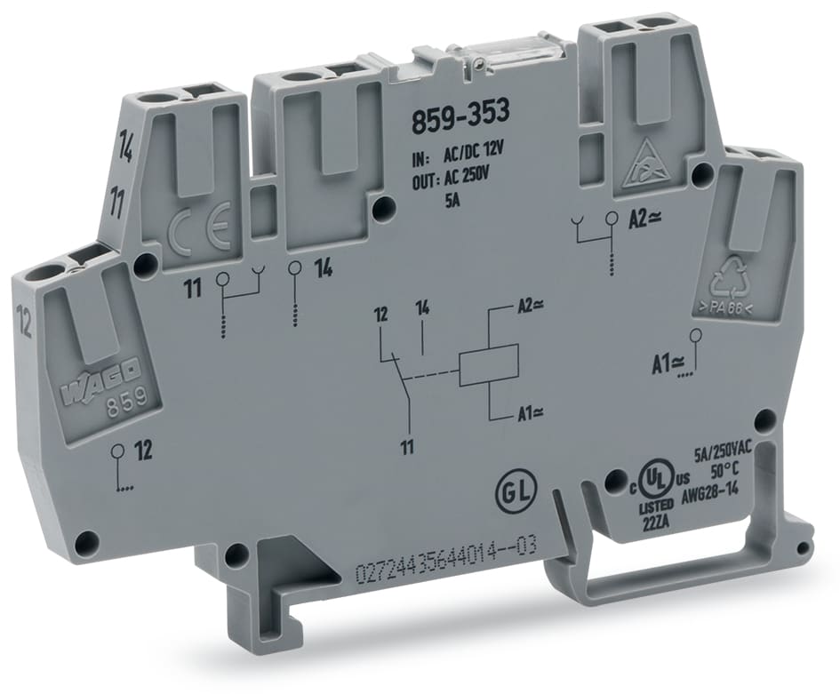 WAGO ELETTRONICA - Modulo relè.Tensione nominale d'ingresso: 12 V AC/DC.1 contatto in scambio.grigio