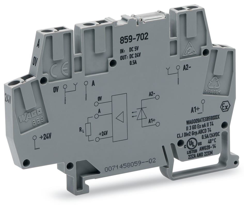 WAGO ELETTRONICA - Modulo optoaccoppiatore.Tensione nominale di ingresso: 5 V DC.Intervallo tensione d'uscita: da 0 a 24 V DC.grigio 859-702