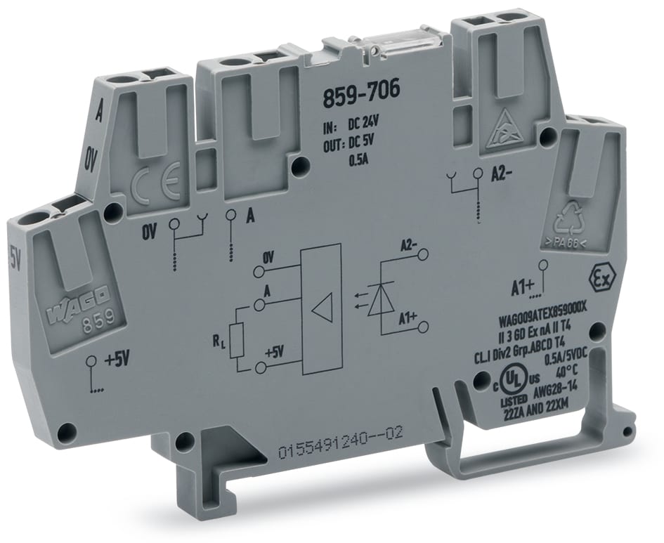 WAGO ELETTRONICA - Modulo optoaccoppiatore.Tensione nominale di ingresso: 24 V DC.Limite corrente permanente: 0,5 A.grigio 859-706