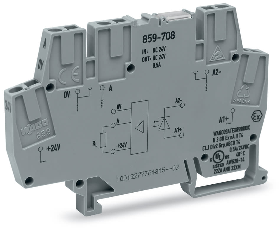 WAGO ELETTRONICA - Modulo optoaccoppiatore.Tensione nominale di ingresso: 24 V DC.Intervallo tensione d'uscita: da 0 a 24 V DC.grigio 859-708