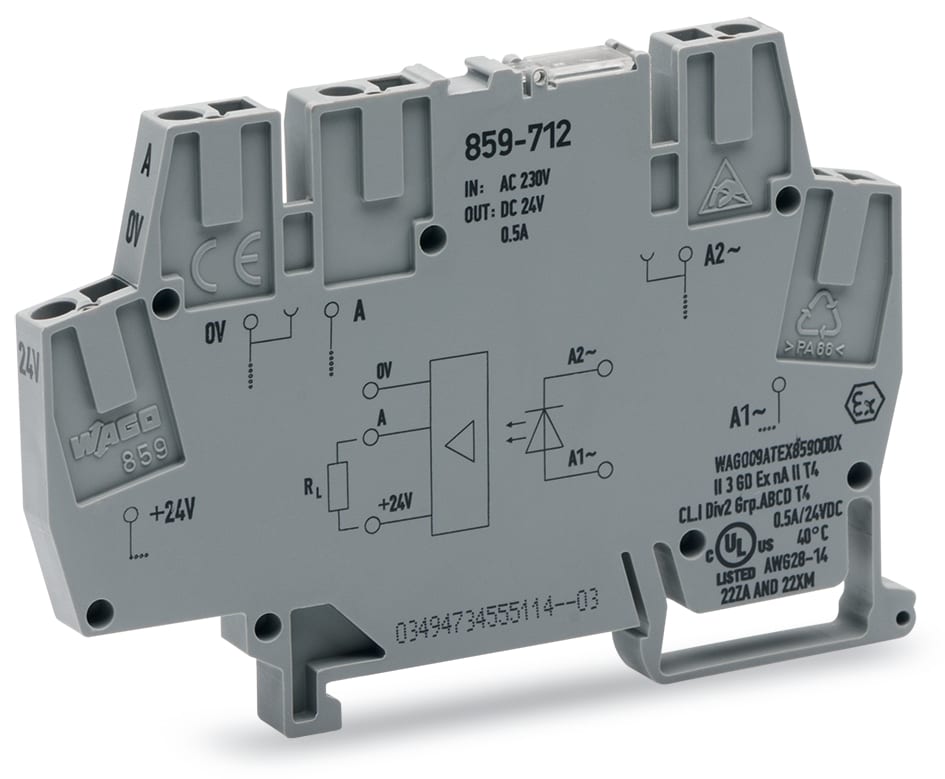 WAGO ELETTRONICA - Modulo optoaccoppiatore.Tensione nominale d'ingresso: 230 V AC.Intervallo tensione d'uscita: da 20 a 30 V DC.grigio 859-712