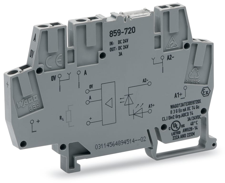 WAGO ELETTRONICA - Modulo optoaccoppiatore.Tensione nominale di ingresso: 24 V DC.Intervallo tensione d'uscita: da 0 a 24 V DC.grigio 859-720