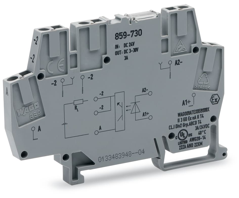 WAGO ELETTRONICA - Modulo optoaccoppiatore.Tensione nominale di ingresso: 24 V DC.Intervallo tensione d'uscita: da 3 a 30 V DC.grigio 859-730