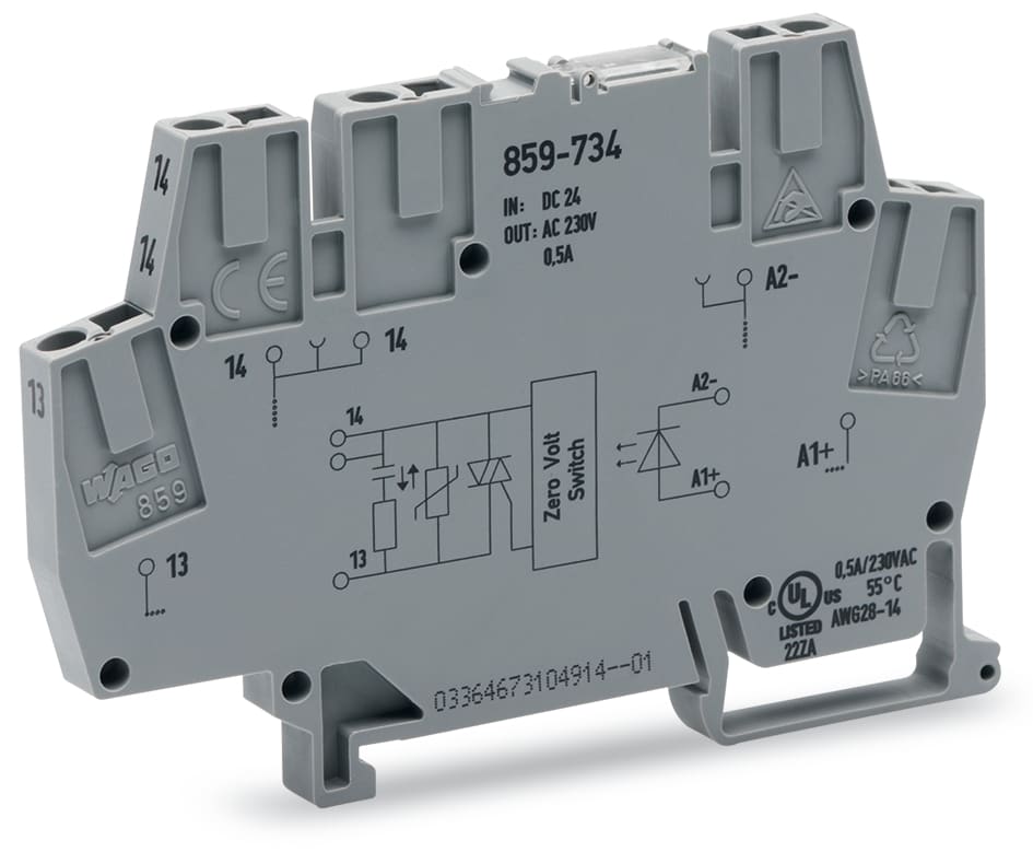 WAGO ELETTRONICA - Modulo optoaccoppiatore.Tensione nominale di ingresso: 24 V DC.Intervallo tensione d'uscita: da 24 a 260 V AC.grigio chiaro 859-734