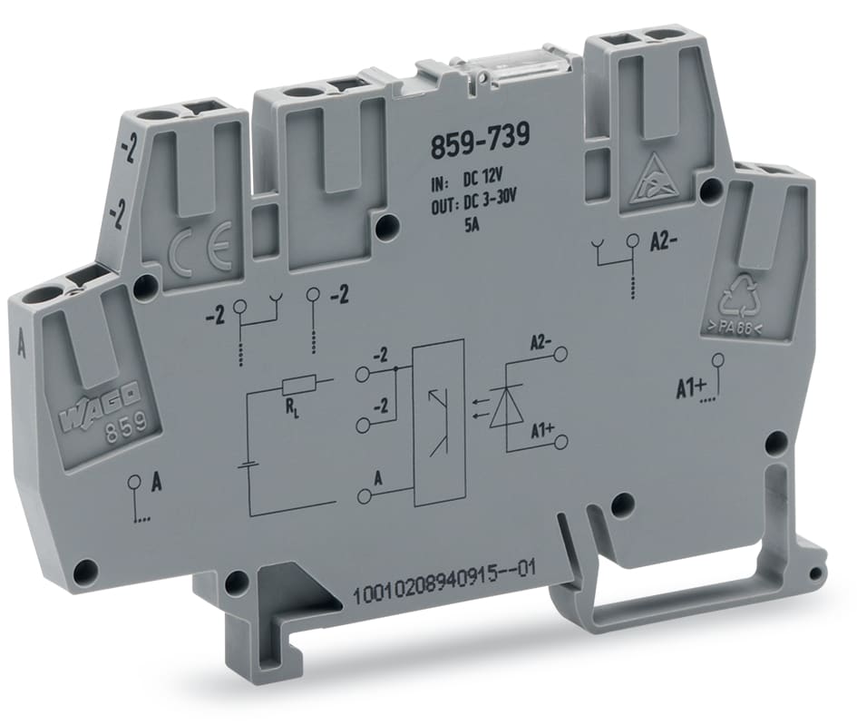 WAGO ELETTRONICA - Modulo optoaccoppiatore.Tensione nominale di ingresso: 12 V DC.Intervallo tensione d'uscita: da 3 a 30 V DC.grigio 859-739