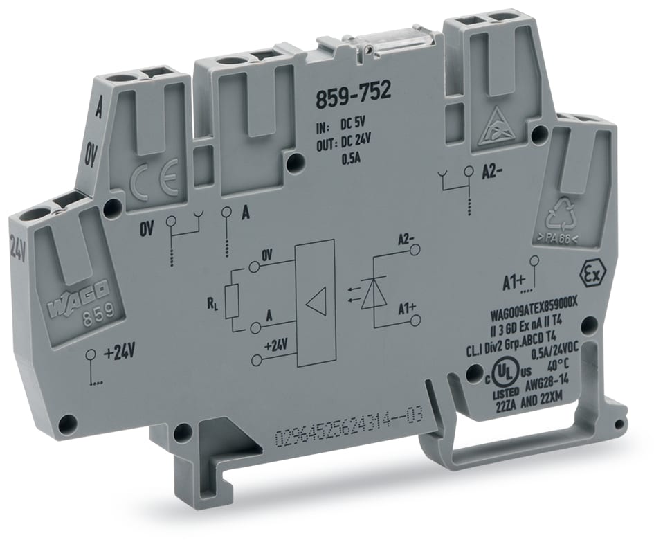 WAGO ELETTRONICA - Modulo optoaccoppiatore.Tensione nominale di ingresso: 5 V DC.Intervallo tensione d'uscita: da 0 a 24 V DC.grigio 859-752