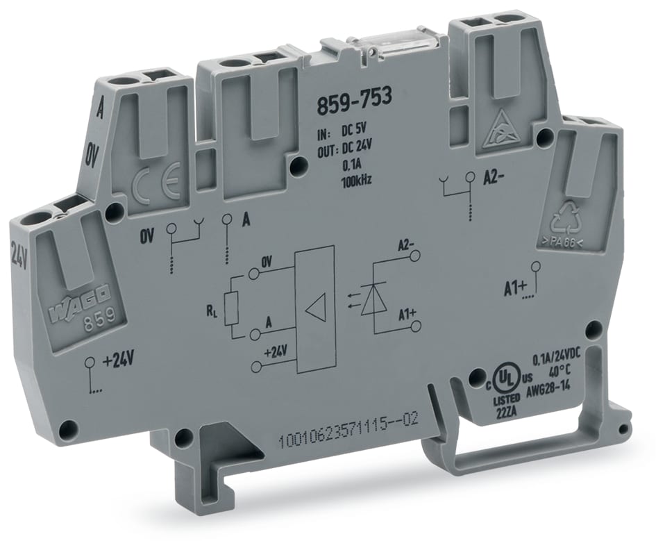 WAGO ELETTRONICA - Modulo optoaccoppiatore.Tensione nominale di ingresso: 5 V DC.Intervallo tensione d'uscita: da 0 a 24 V DC.grigio
