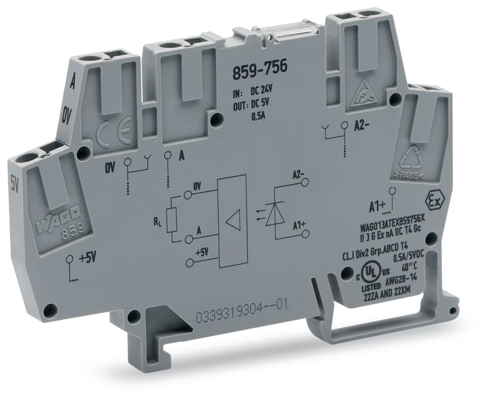 WAGO ELETTRONICA - Modulo optoaccoppiatore.Tensione nominale di ingresso: 24 V DC.Intervallo tensione d'uscita: da 4 a 6 V DC.grigio 859-756