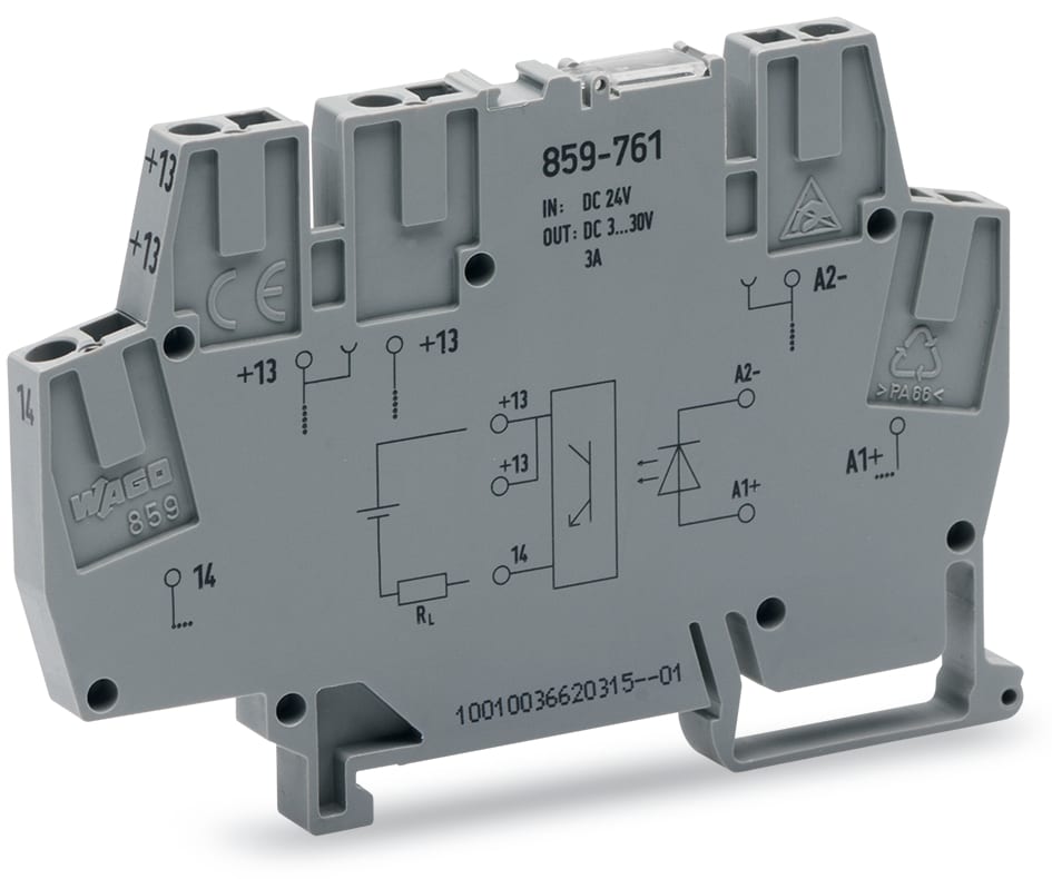 WAGO ELETTRONICA - Modulo optoaccoppiatore.Tensione nominale di ingresso: 24 V DC.Intervallo tensione d'uscita: da 3 a 30 V DC.grigio 859-761