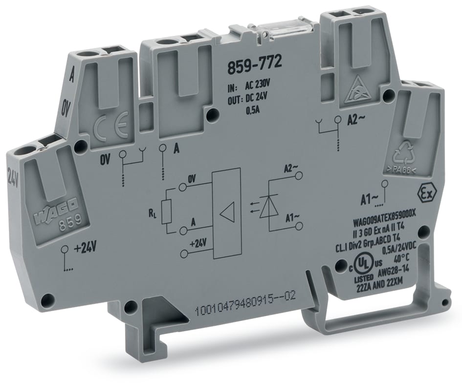 WAGO ELETTRONICA - Modulo optoaccoppiatore.Tensione nominale d'ingresso: 230 V AC.Intervallo tensione d'uscita: da 20 a 30 V DC.grigio