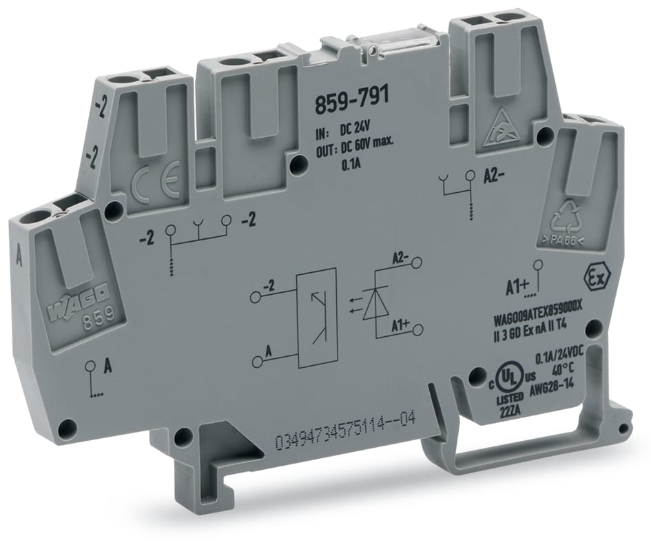 WAGO ELETTRONICA - Modulo optoaccoppiatore.Tensione nominale di ingresso: 24 V DC.Intervallo tensione d'uscita: da 20 a 60 V DC.grigio 859-791