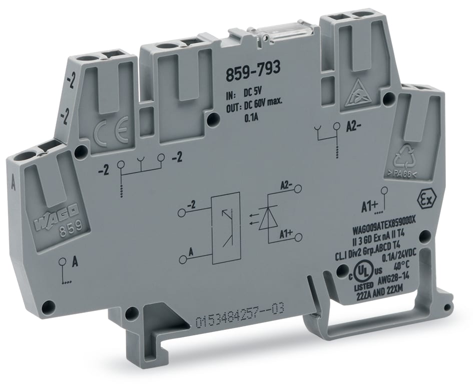 WAGO ELETTRONICA - Modulo optoaccoppiatore.Tensione nominale di ingresso: 5 V DC.Intervallo tensione d'uscita: da 3 a 60 V DC.grigio