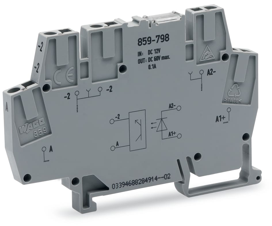 WAGO ELETTRONICA - Modulo optoaccoppiatore.Tensione nominale di ingresso: 12 V DC.Intervallo tensione d'uscita: da 9 a 60 V DC.grigio 859-798