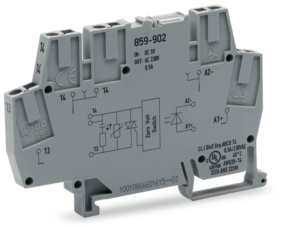 WAGO ELETTRONICA - Modulo optoaccoppiatore.Tensione nominale di ingresso: 5 V DC.Intervallo tensione d'uscita: da 24 a 260 V AC.grigio
