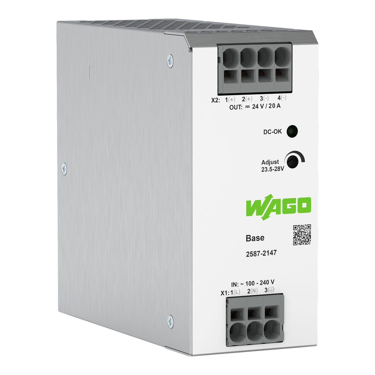 WAGO ELETTRONICA - Alimentatore switching; Base; 1 fase; Tensione d'uscita 24 V DC; Corrente d'uscita 20 A; LED DC-OK