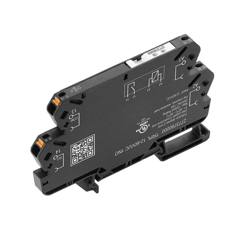 WEIDMULLER - Modulo a relè TRPL 12-60VUC con LED verde, raddrizzatore e contatto NA (AgNi) per 250V AC, 6A. PUSH IN e tasto di prova disponibile.