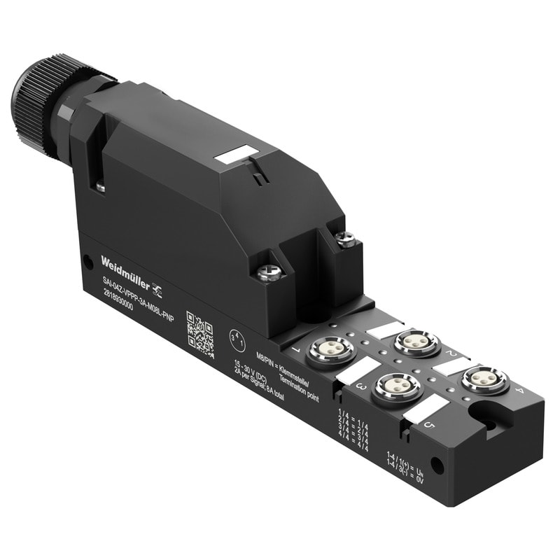 WEIDMULLER - Ripartitore passivo sensore-attuatore (senza cavo), Modulo completo a calotta, 4 prese di contatto, 3 poli, M8, SAI-04Z-VPPP-3A-M08L-PNP.