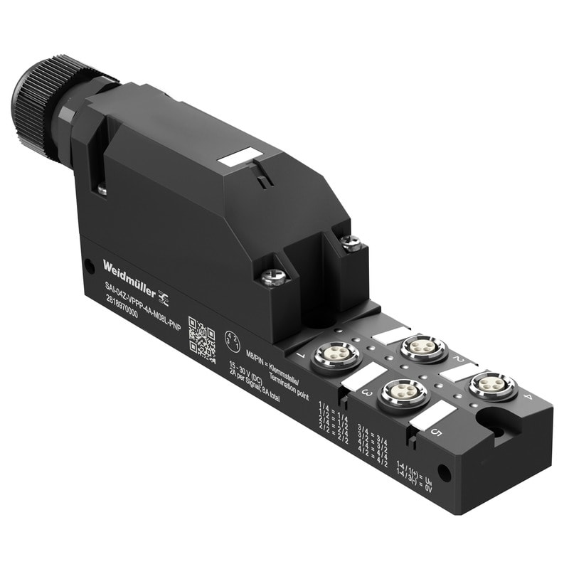 WEIDMULLER - Ripartitore passivo sensore-attuatore (senza cavo), Modulo completo a calotta, 4 prese di contatto, 4 poli, M8, SAI-04Z-VPPP-4A-M08L-PNP.