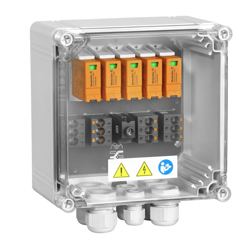 WEIDMULLER - Quadro di stringa fotovoltaico 1100V 2 MPP 2 ingressi 1 uscita protezione sovratensioni II pressacavo PVN DC 2I 1O 2MPP SPD2R CG 11.