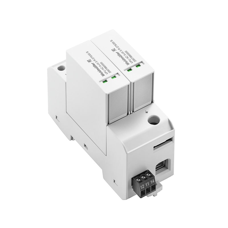 WEIDMULLER - Scaricatore di sovratensioni con contatto remoto, Tipo II e Tipo III, per reti a bassa tensione AC 230V. VPU AC II+III 3R 275/20S.