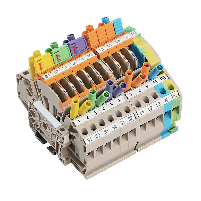 WEIDMULLER - Morsetto sezionatore di prova, Beige scuro, blu, Verde/giallo, 6 mm², 30 A, 500 V, Numero di collegamenti: 22, TS 35, TS 32, V-0, Wemid LST_CTVT_3PHASEPEWTTB.